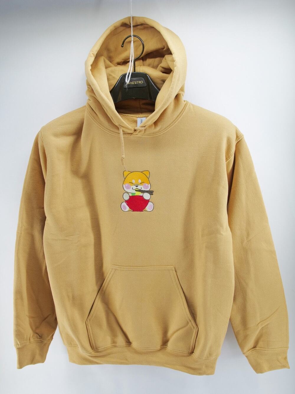 Shiba Inu Eating Ramen Embroidered Hoodie Brown Small Gildan